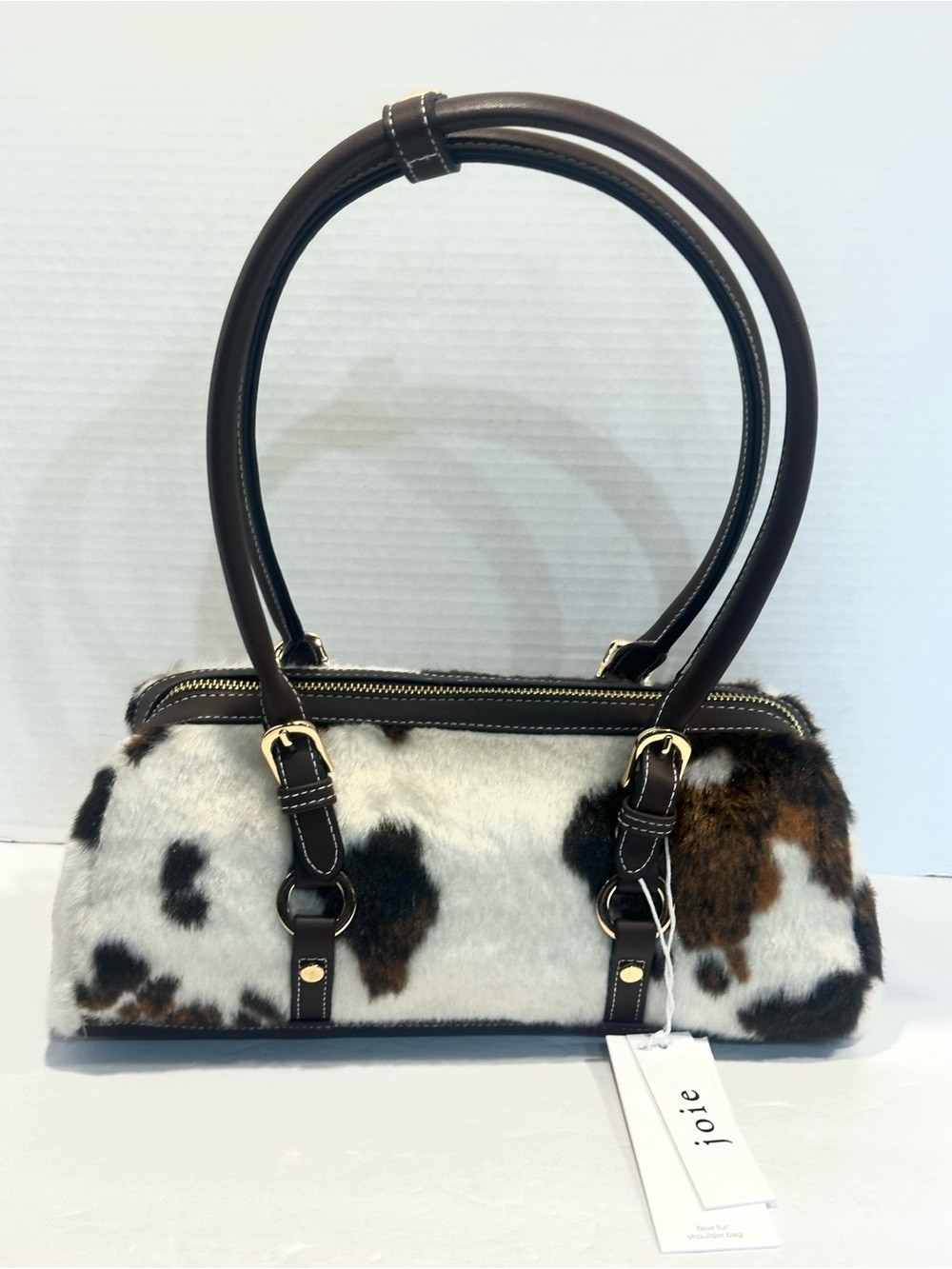 Joie Brown & White Cowhide Faux Fur Shoulder Bag with Dark Brown Handles